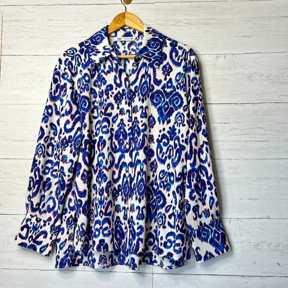 Zara Blouse Womens Size Large Tribal Puma Pattern Tunic Magali Shirt Colorful - Picture 1 of 14